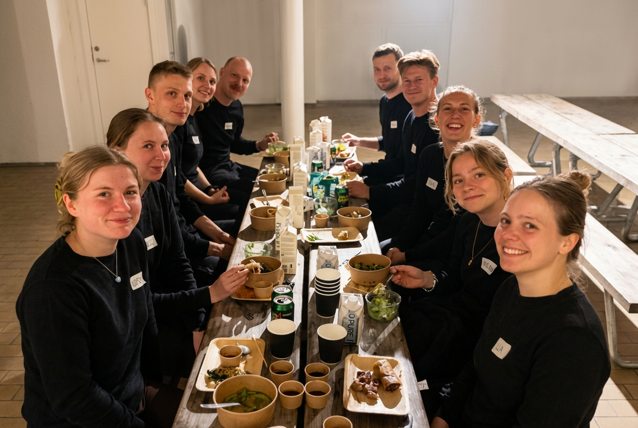 Holdet bag madmedomtanke samlet om et langt træbord